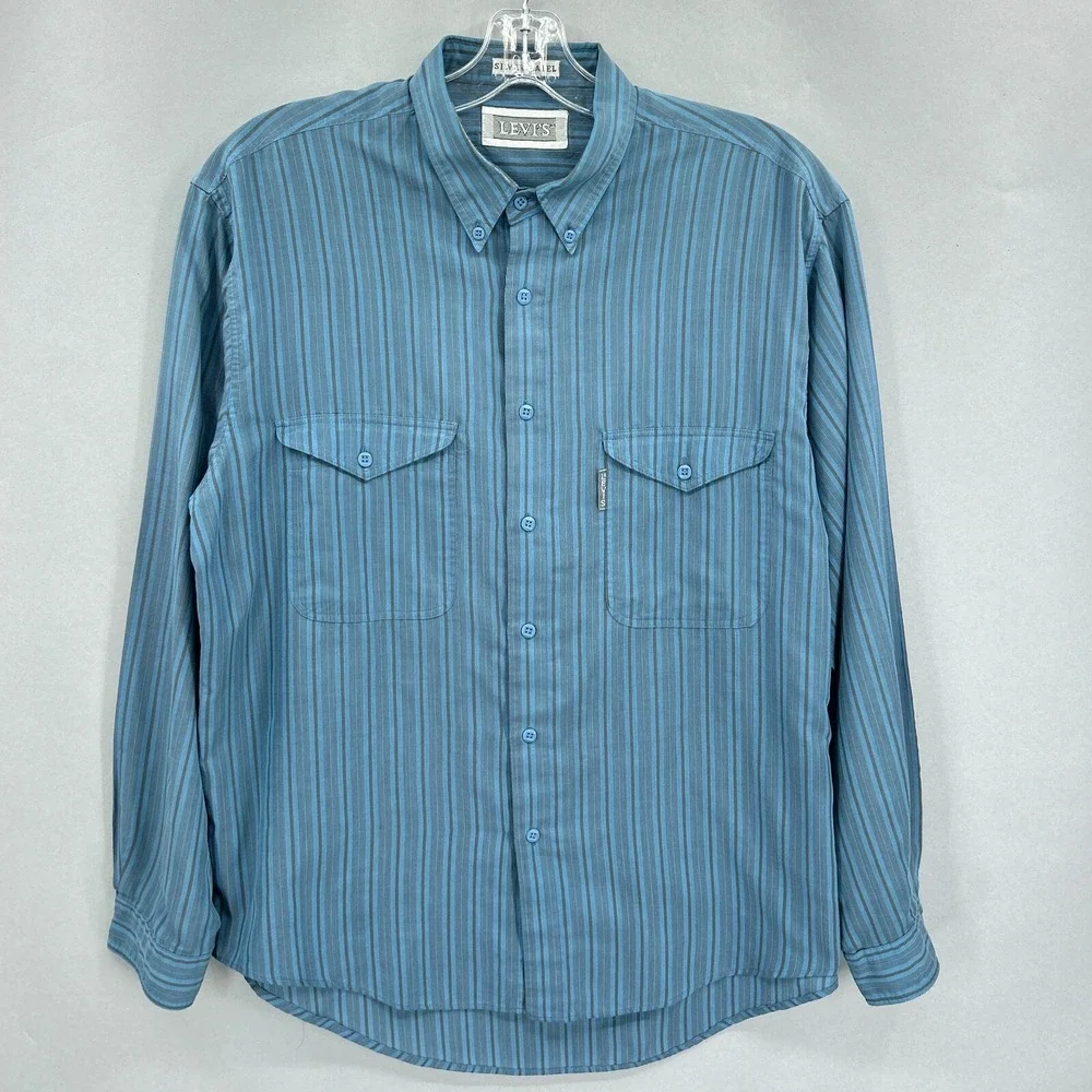 Vintage Levis Shirt Men Large Work Button Up Blue Stripe Silver Label Big E 80s‎